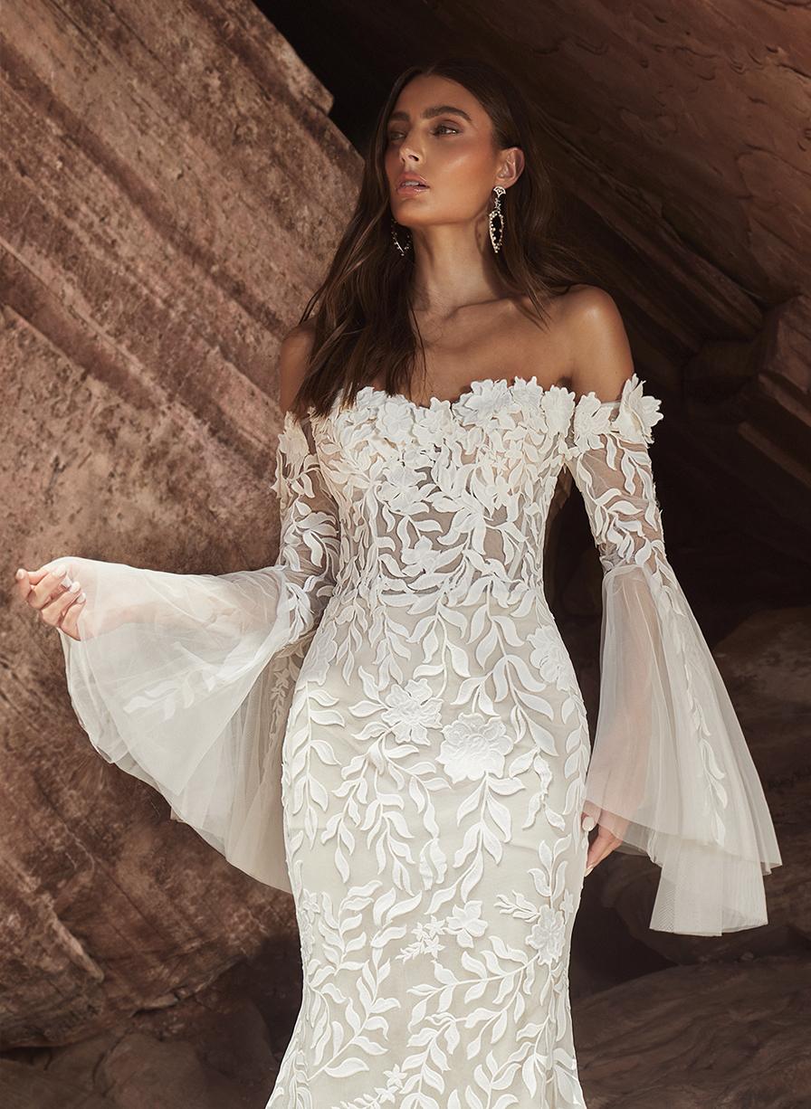 Off the Shoulder Boho Wedding Dress with Lace and Sheath Silhouette